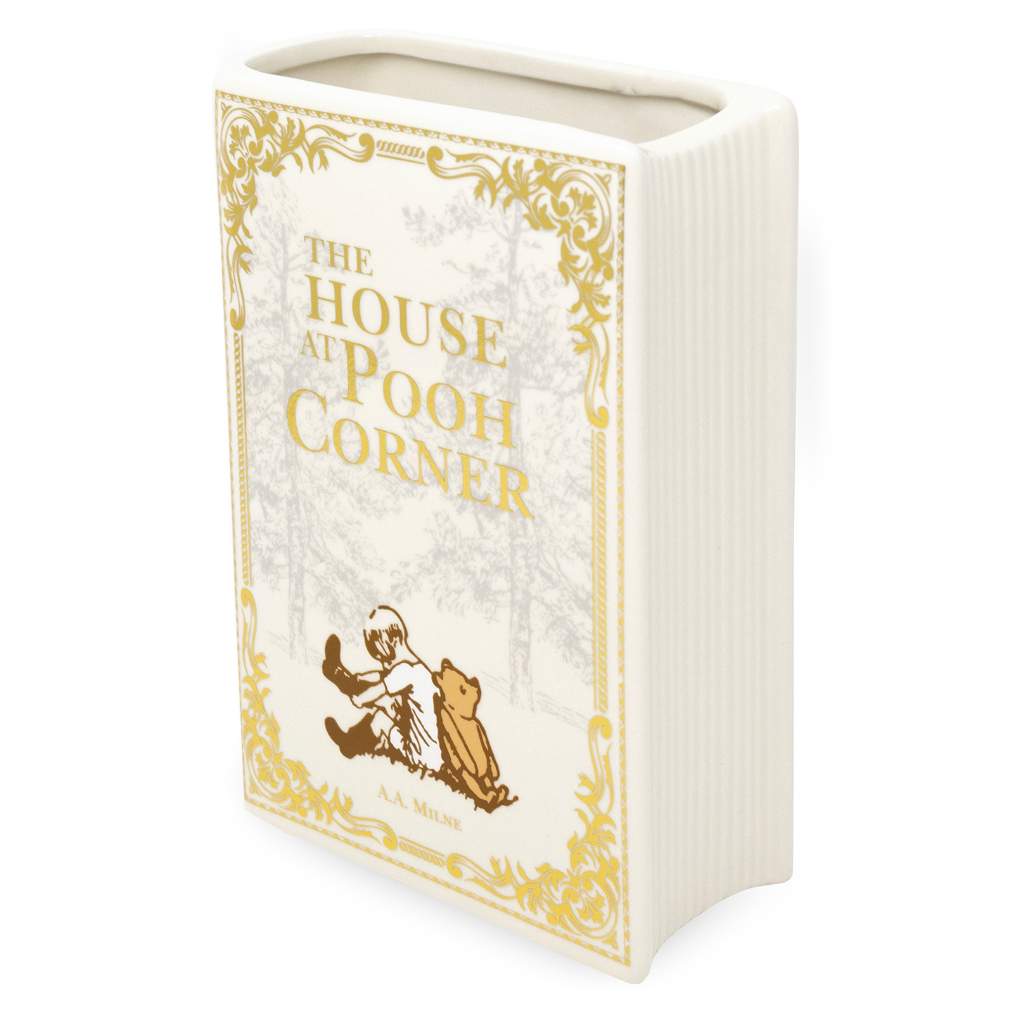 Book-shaped container with 'The House at Pooh Corner' design on a white background