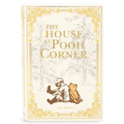 Book cover of 'The House at Pooh Corner' with decorative elements and a illustration of a character and a bear.