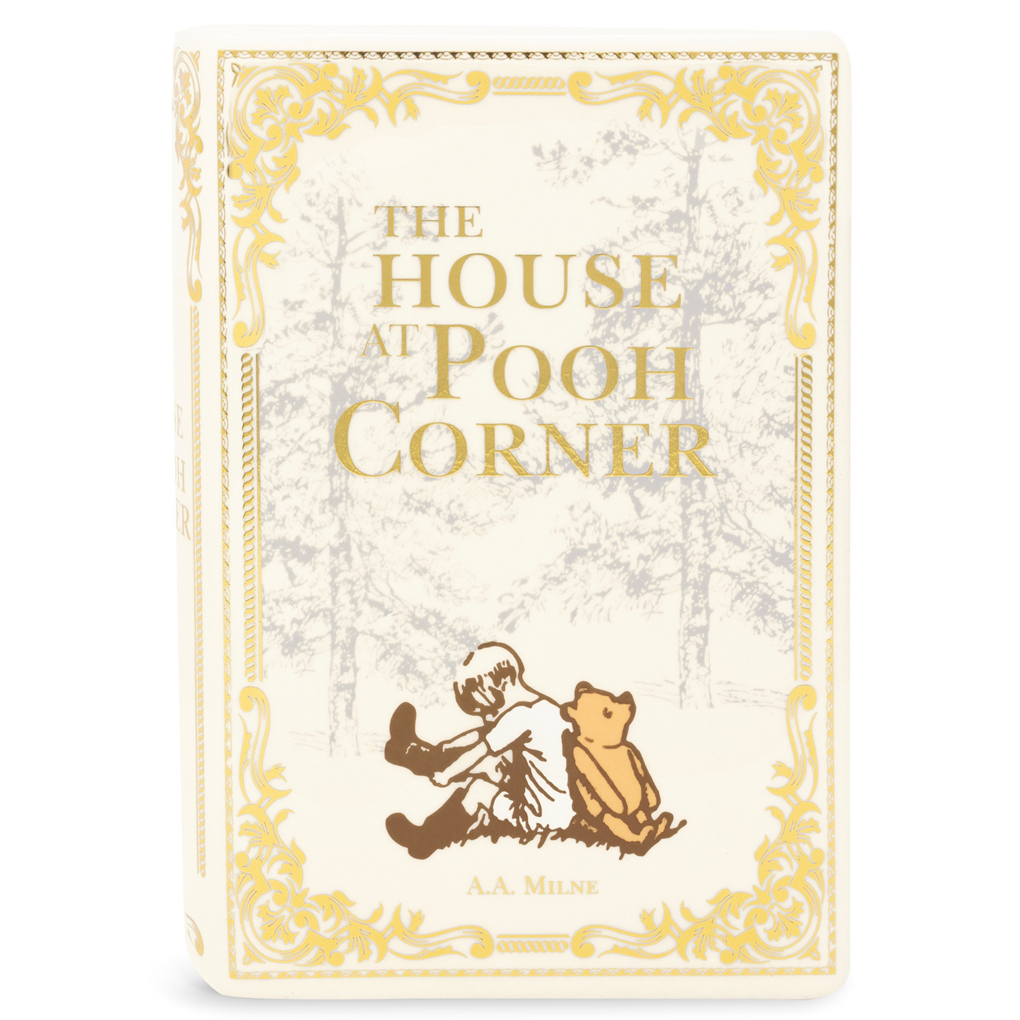 Book cover of 'The House at Pooh Corner' with decorative elements and a illustration of a character and a bear.