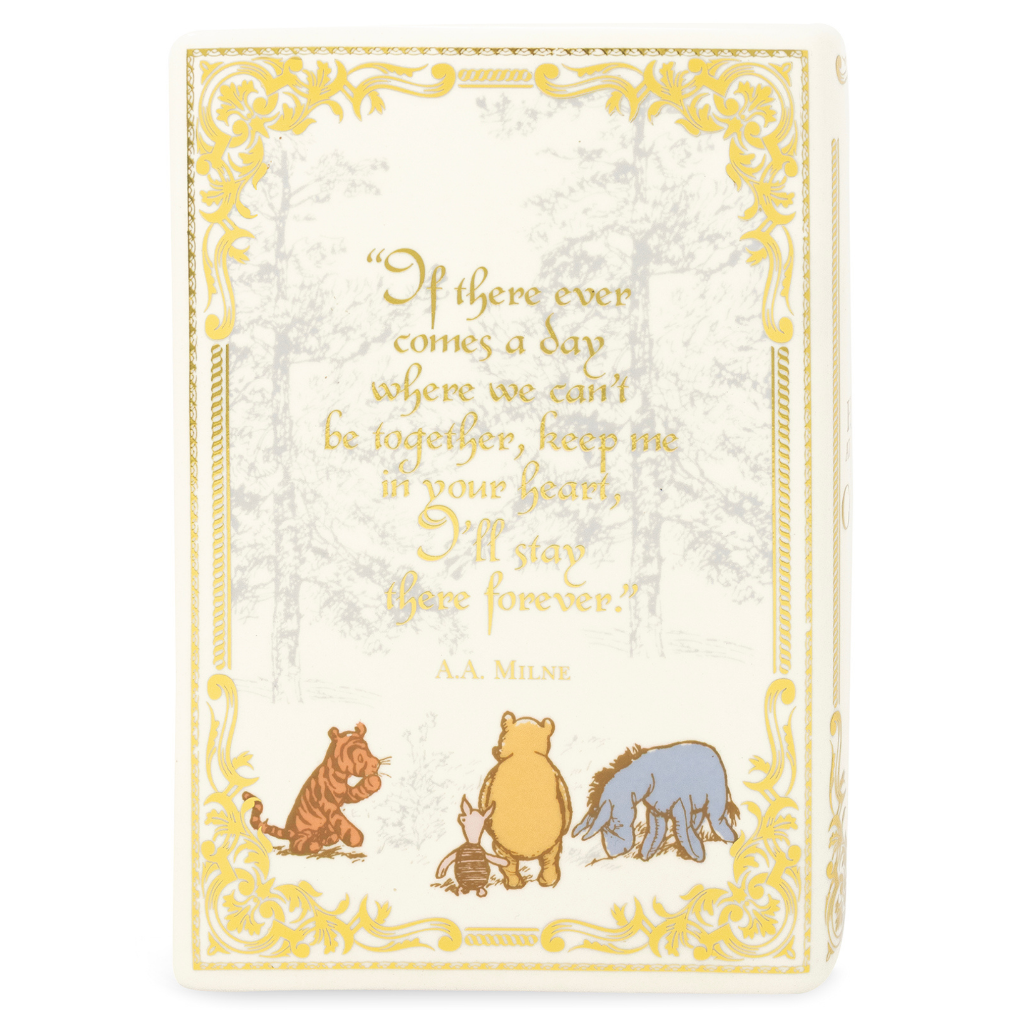 Card with Winnie the Pooh characters and decorative text on a white background