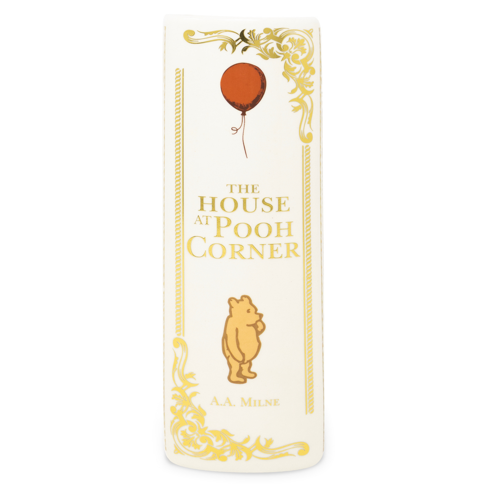 Book cover of 'The House at Pooh Corner' with a bear and balloon illustration on a white background.