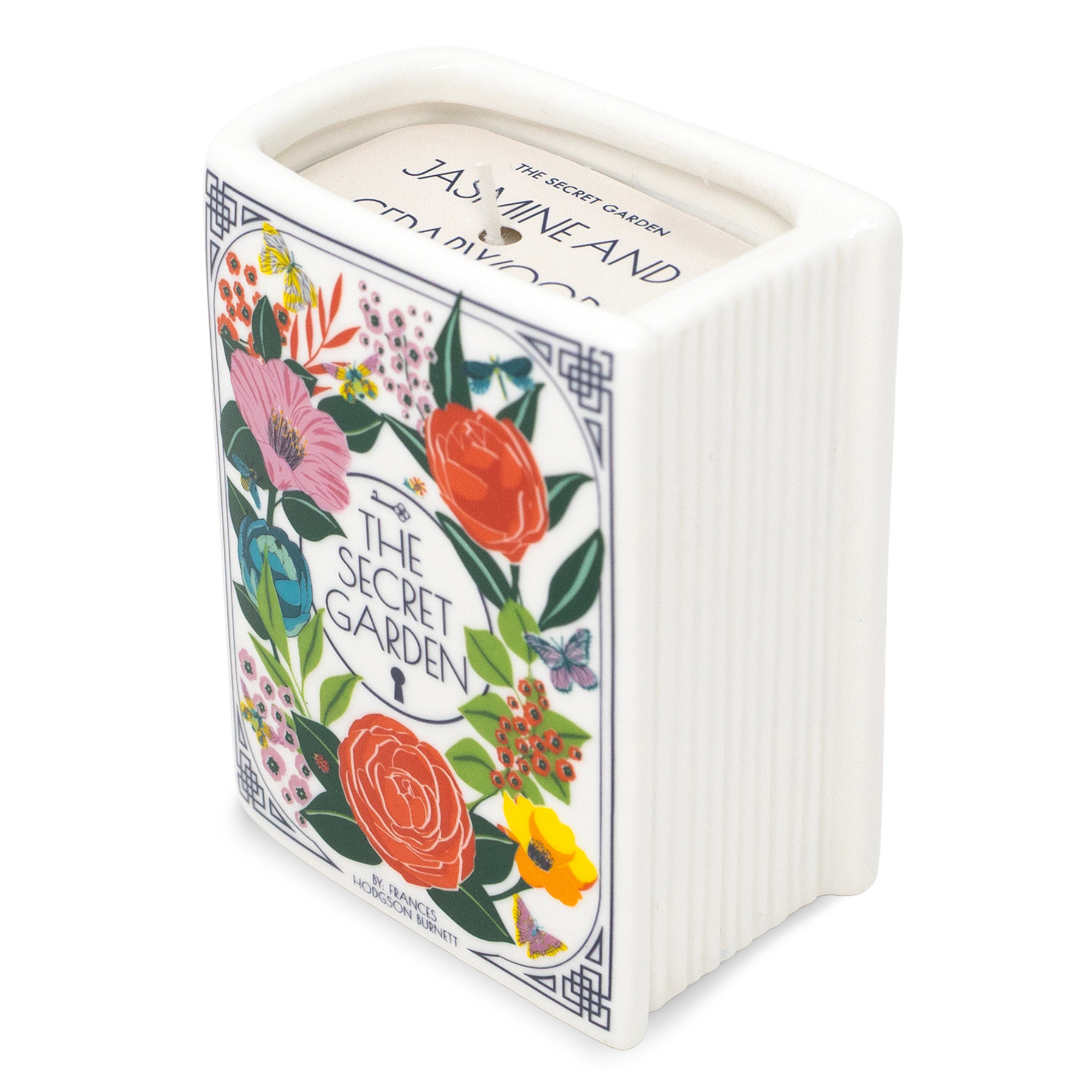 Floral design vase and 'The Secret Garden' text on a white background