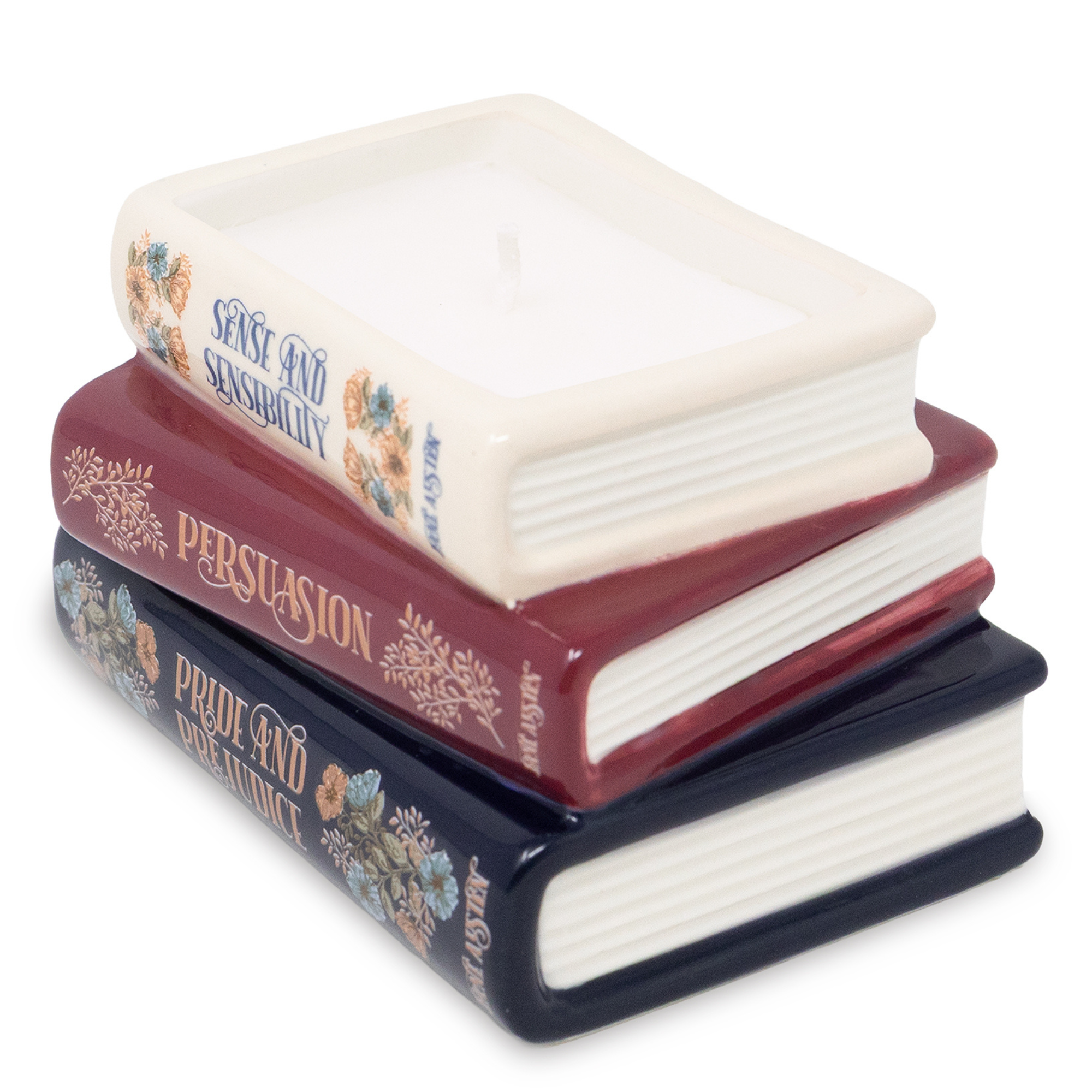 Stack of miniature books with visible titles on a white background