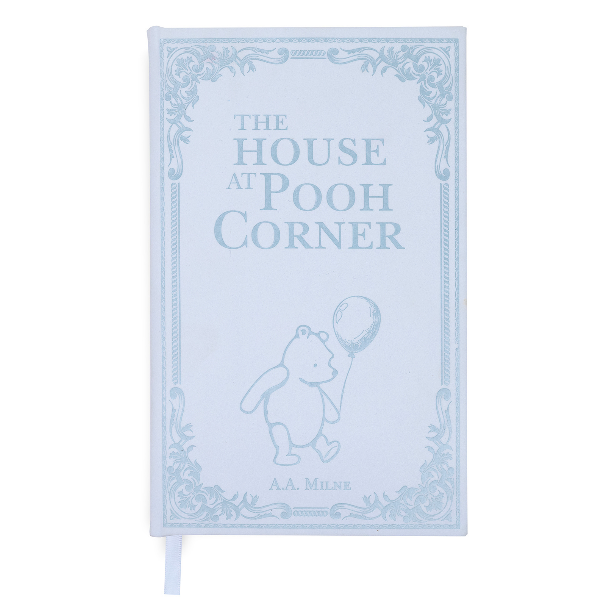 Book cover of 'The House at Pooh Corner' with a bear holding a balloon on a light blue background