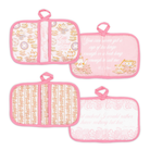 Set of pink pot holders with decorative patterns on a white background