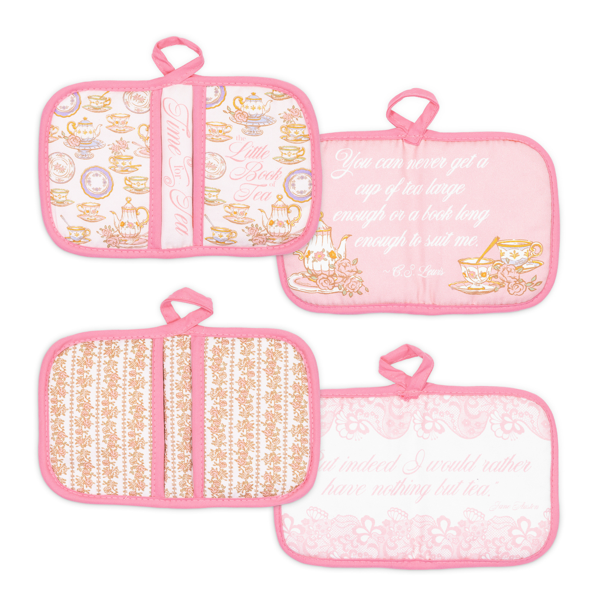 Set of pink pot holders with decorative patterns on a white background