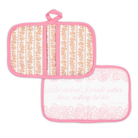 Two pink pot holders with floral patterns on a white background