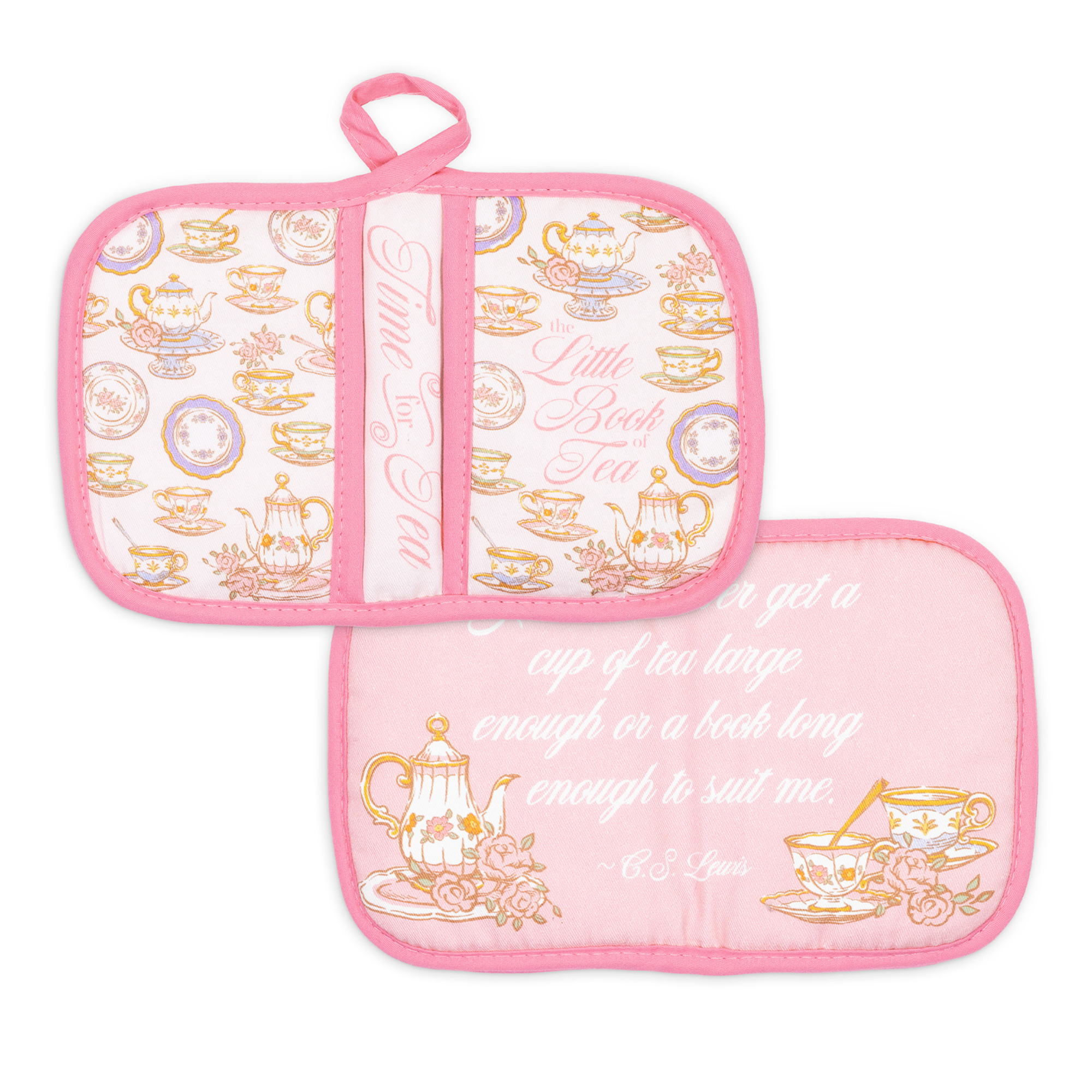 Set of two pink pot holders with tea-themed designs on a white background