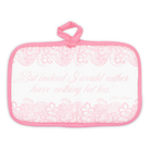Pink lace potholder with text on a white background