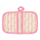 Pink pot holder with floral pattern on a white background
