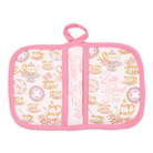 Pink pot holder with tea-themed design on a white background