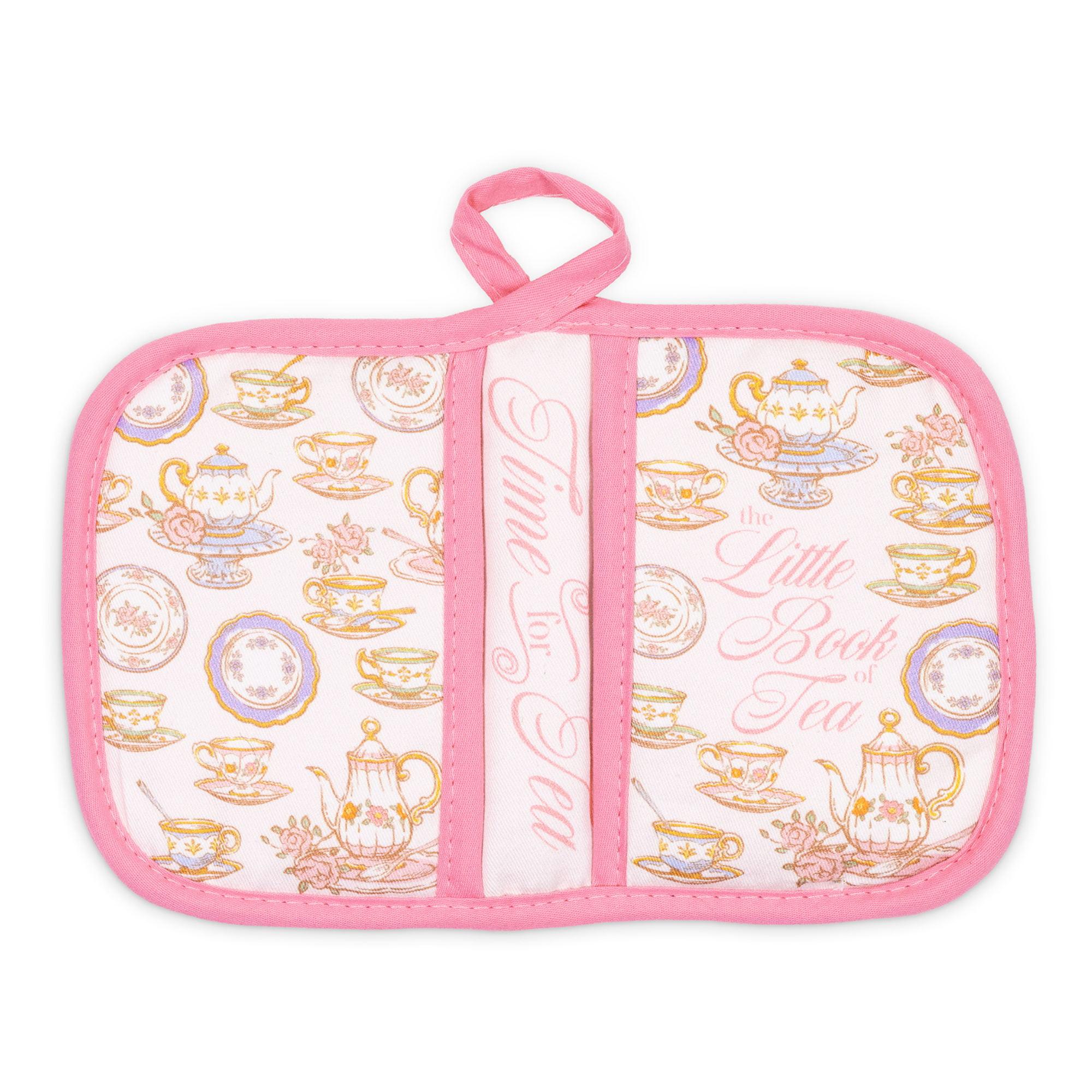 Pink pot holder with tea-themed design on a white background