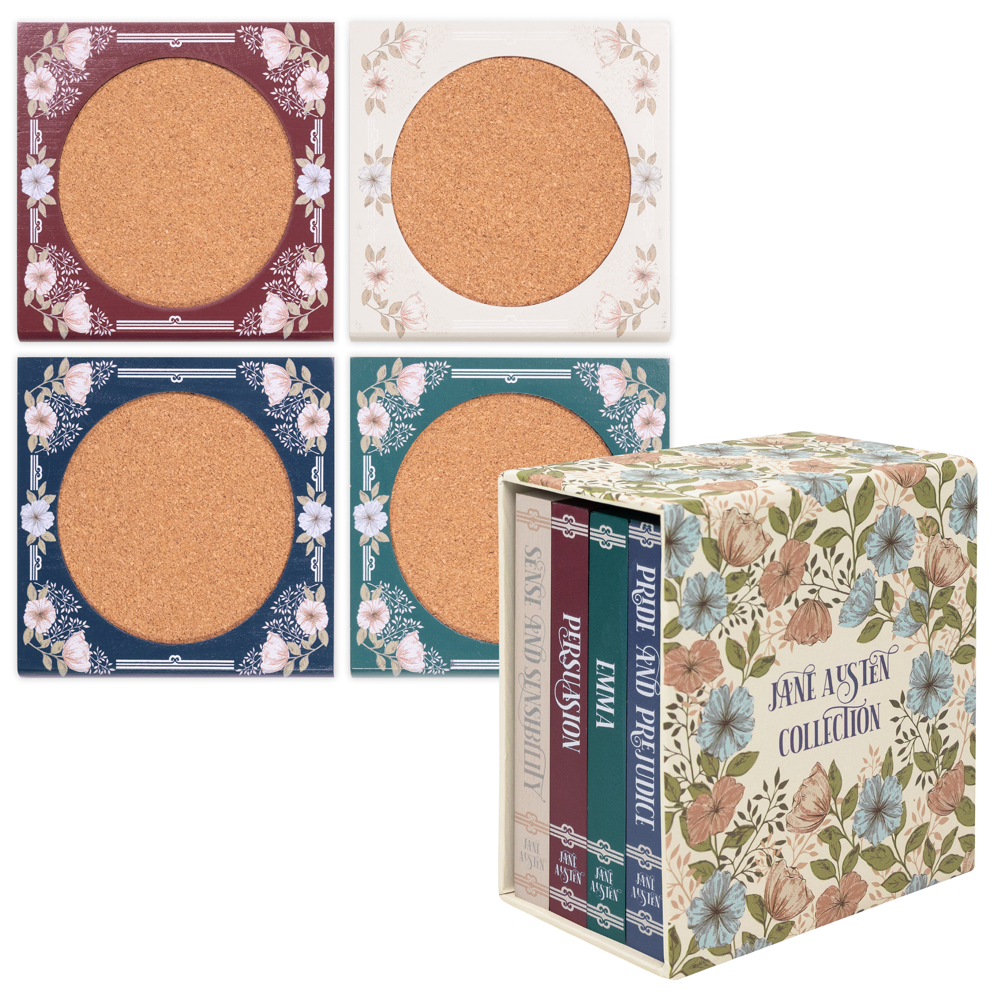 Floral-patterned coasters with a box labeled 'Jane Austin Collection'.