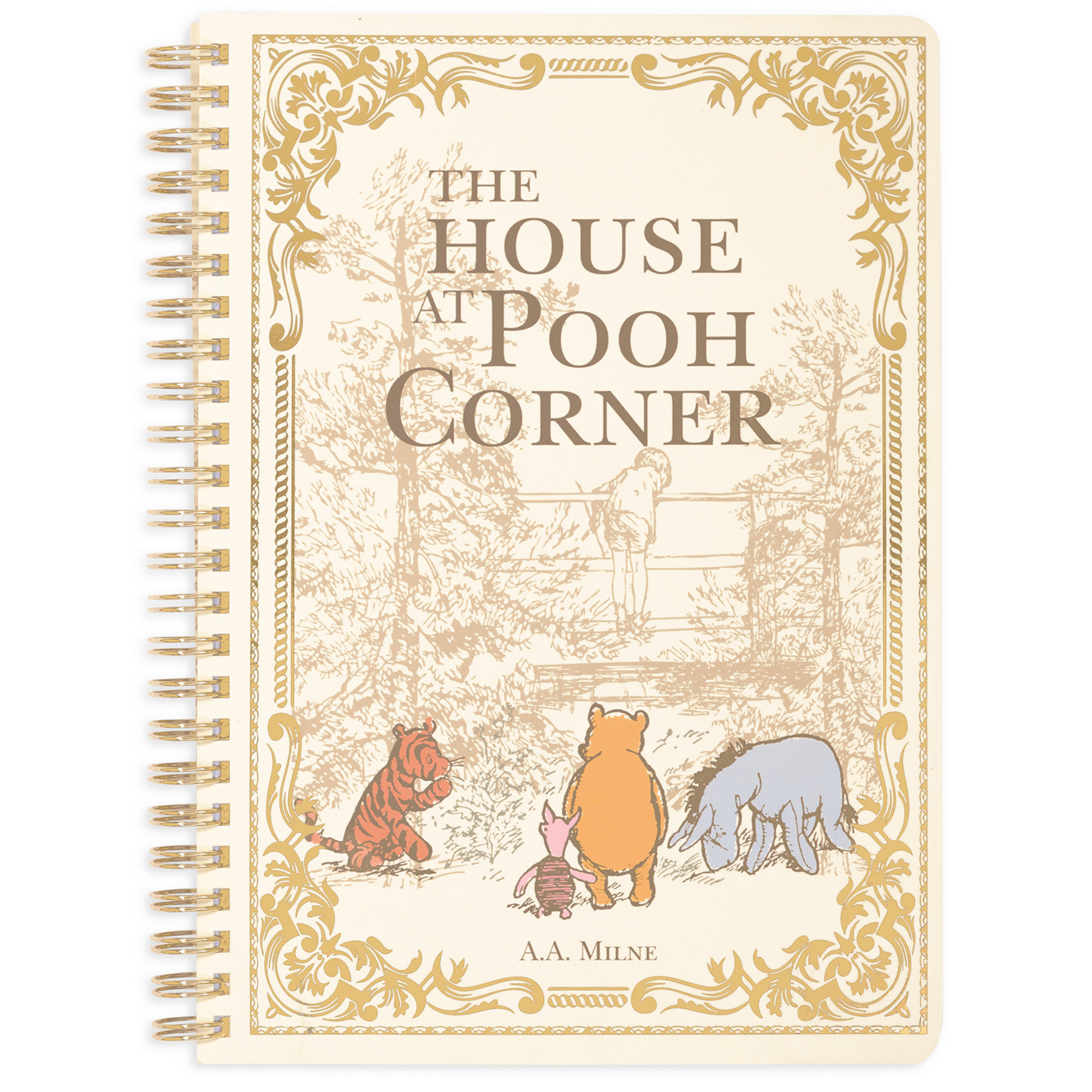 Notebook cover of 'The House at Pooh Corner' with illustrations of Pooh and friends.