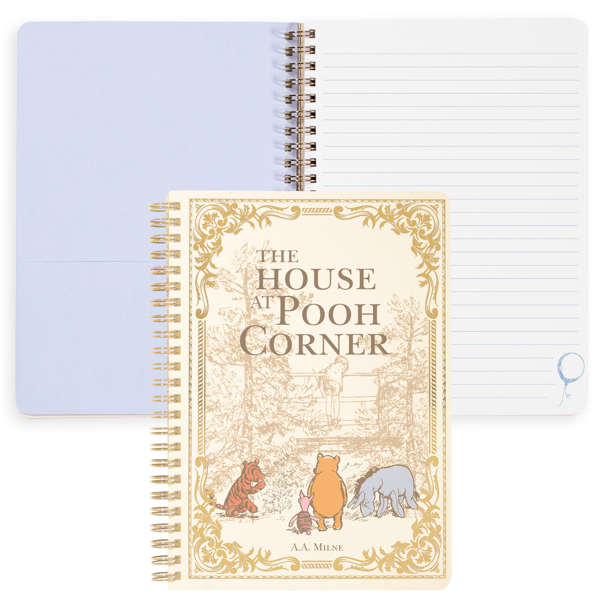 Notebook titled 'The House at Pooh Corner' with illustrations on a white background