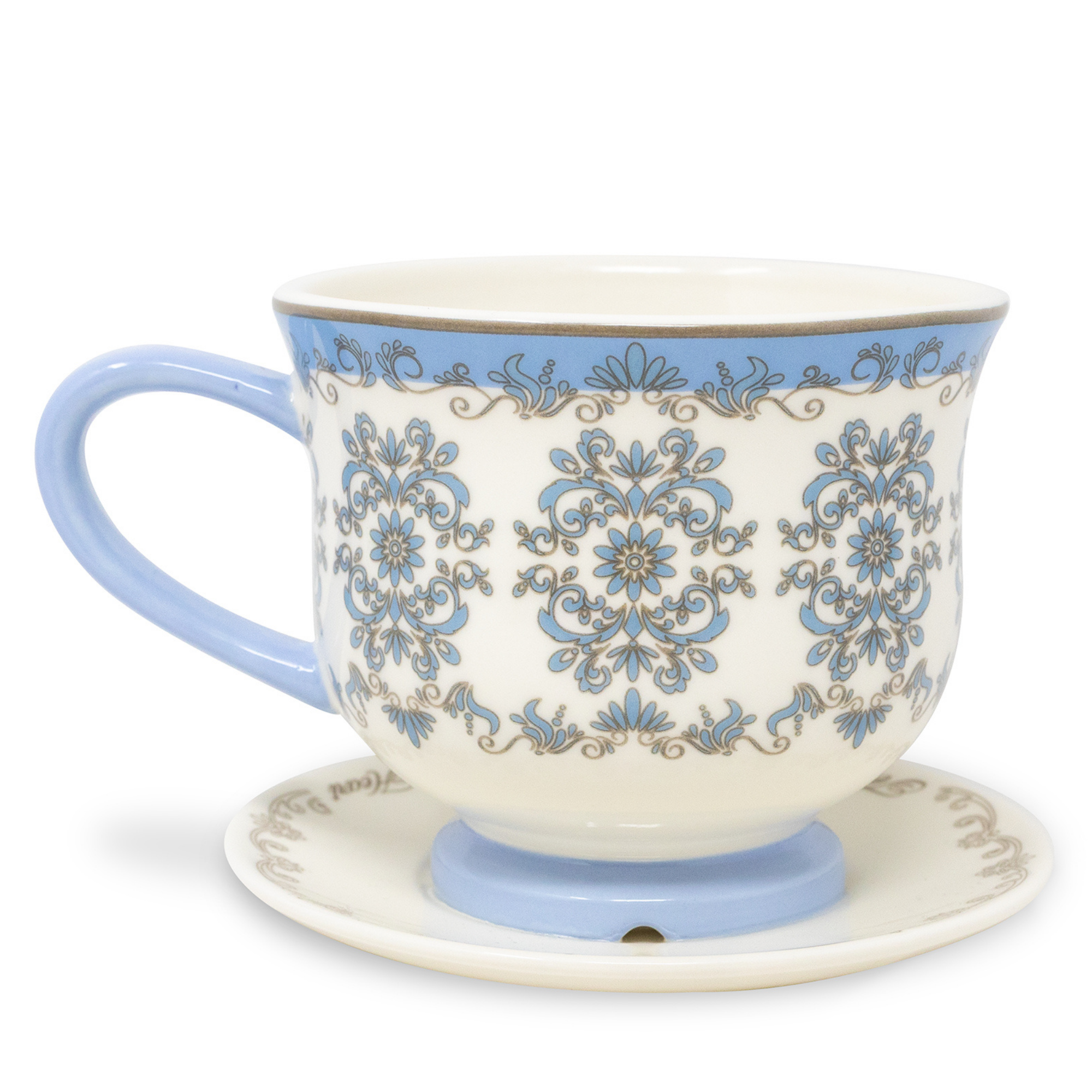 Ceramic cup with decorative blue patterns on a white background