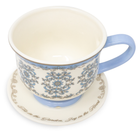 Ceramic cup with decorative blue patterns on a matching saucer with text, on a white background