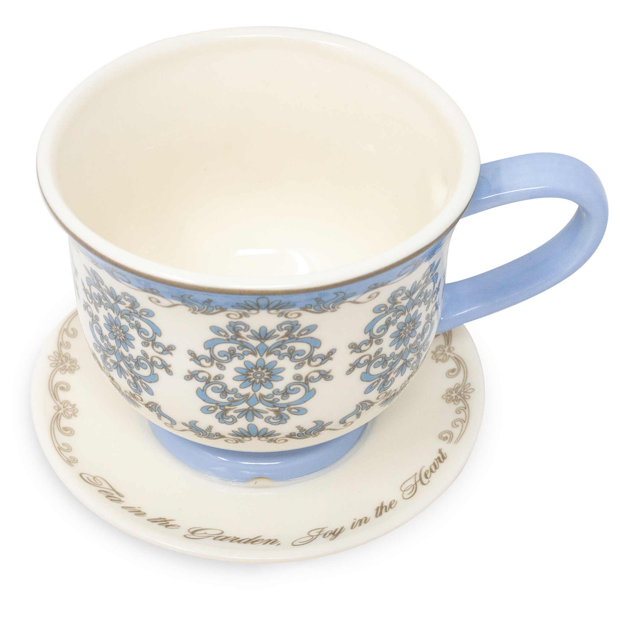 Ceramic cup with decorative blue patterns on a matching saucer with text, on a white background