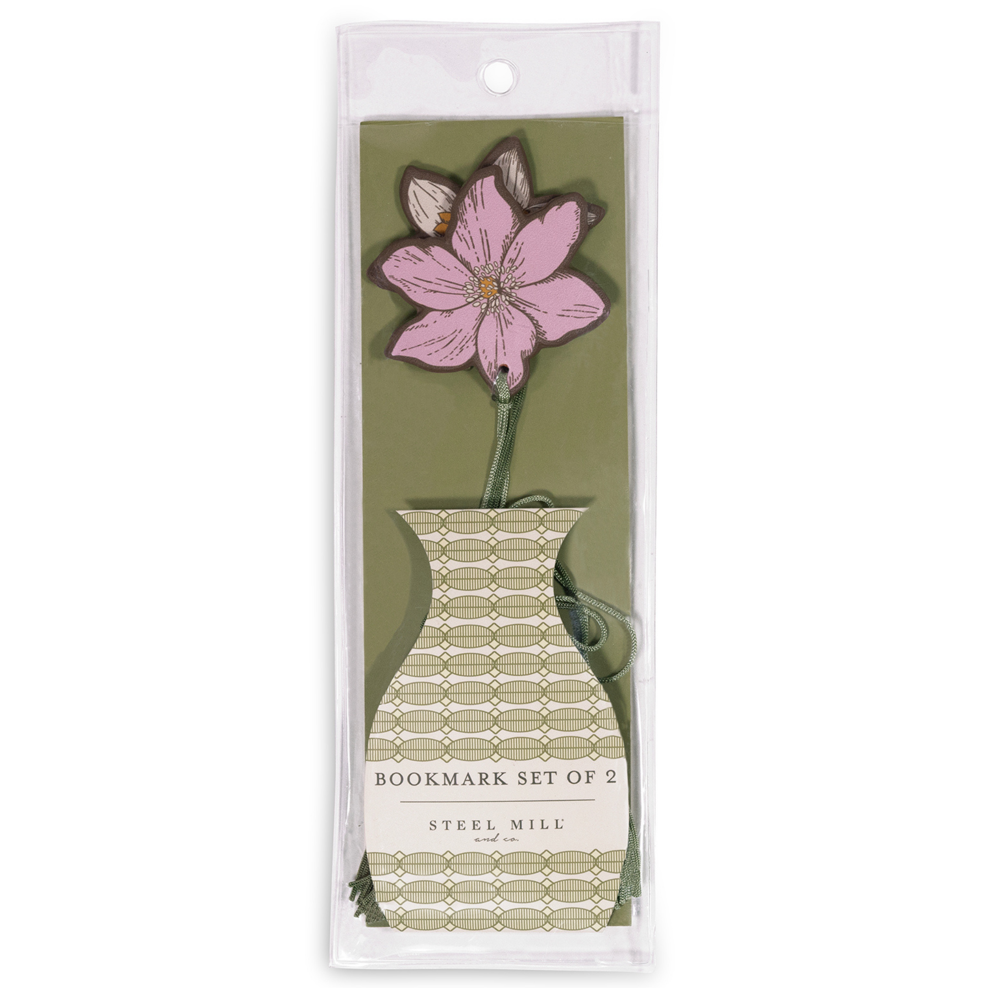 Packaged bookmark set with a pink flower design on a white background