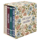 Floral-patterned box containing Jane Austen coasters on a white background
