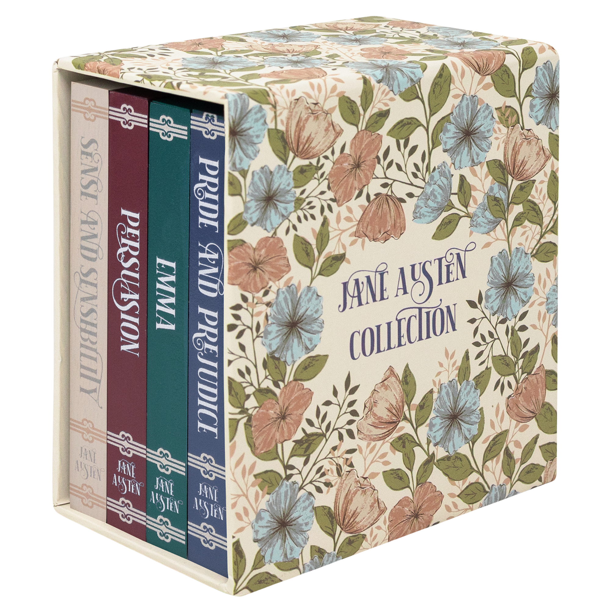 Floral-patterned box containing Jane Austen coasters on a white background