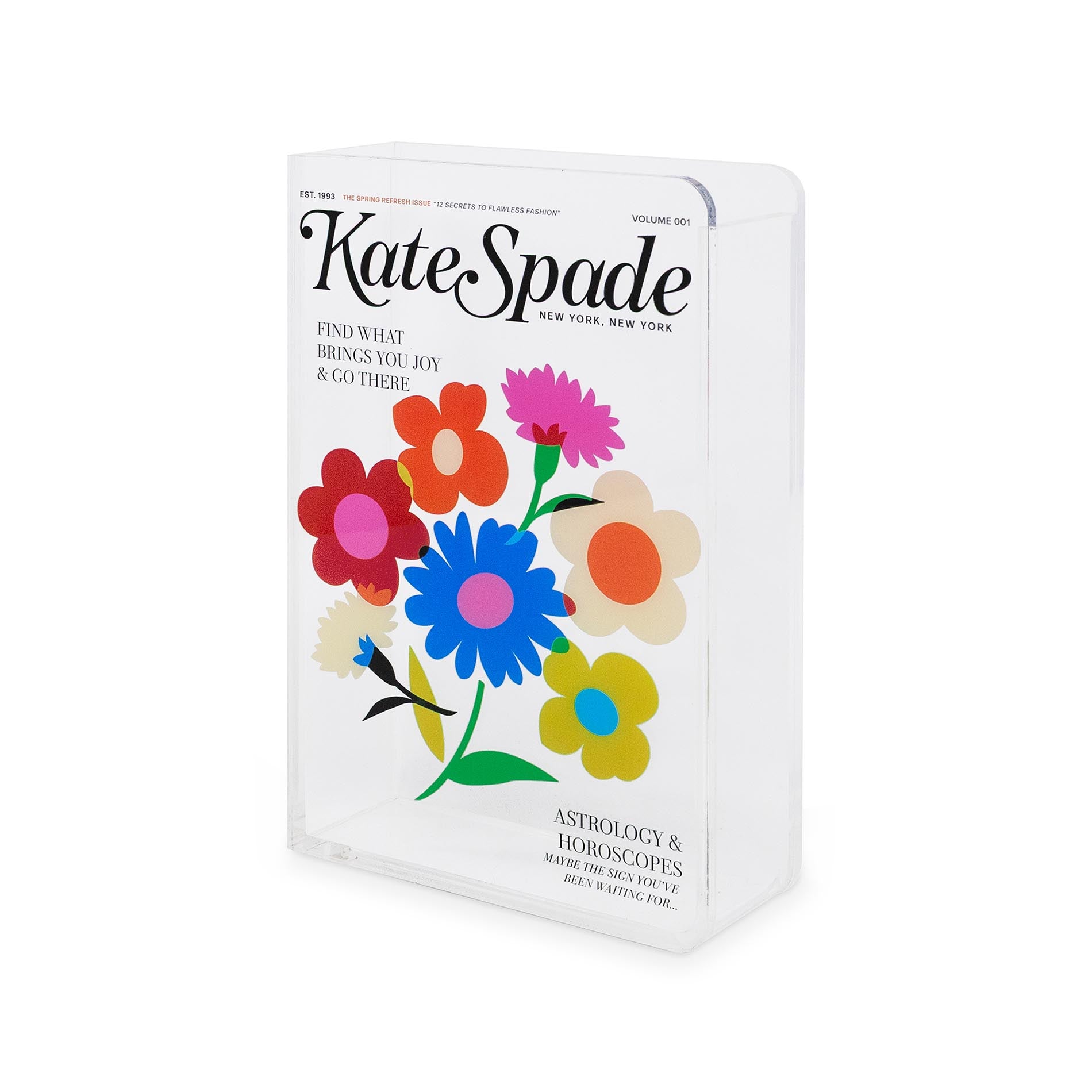 Kate Spade book vase with colorful flowers on a white background