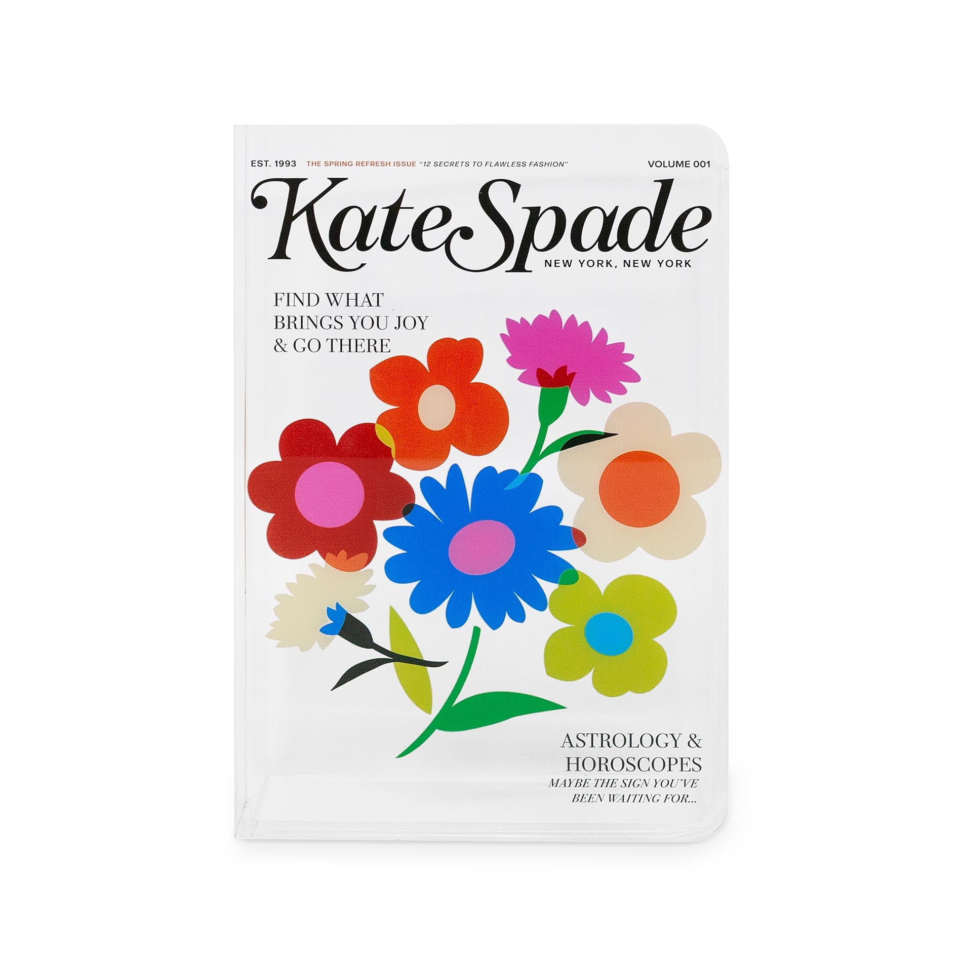 Kate Spade magazine cover vase with colorful flowers on a white background