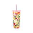 Floral-patterned tumbler with a pink lid and straw on a white background