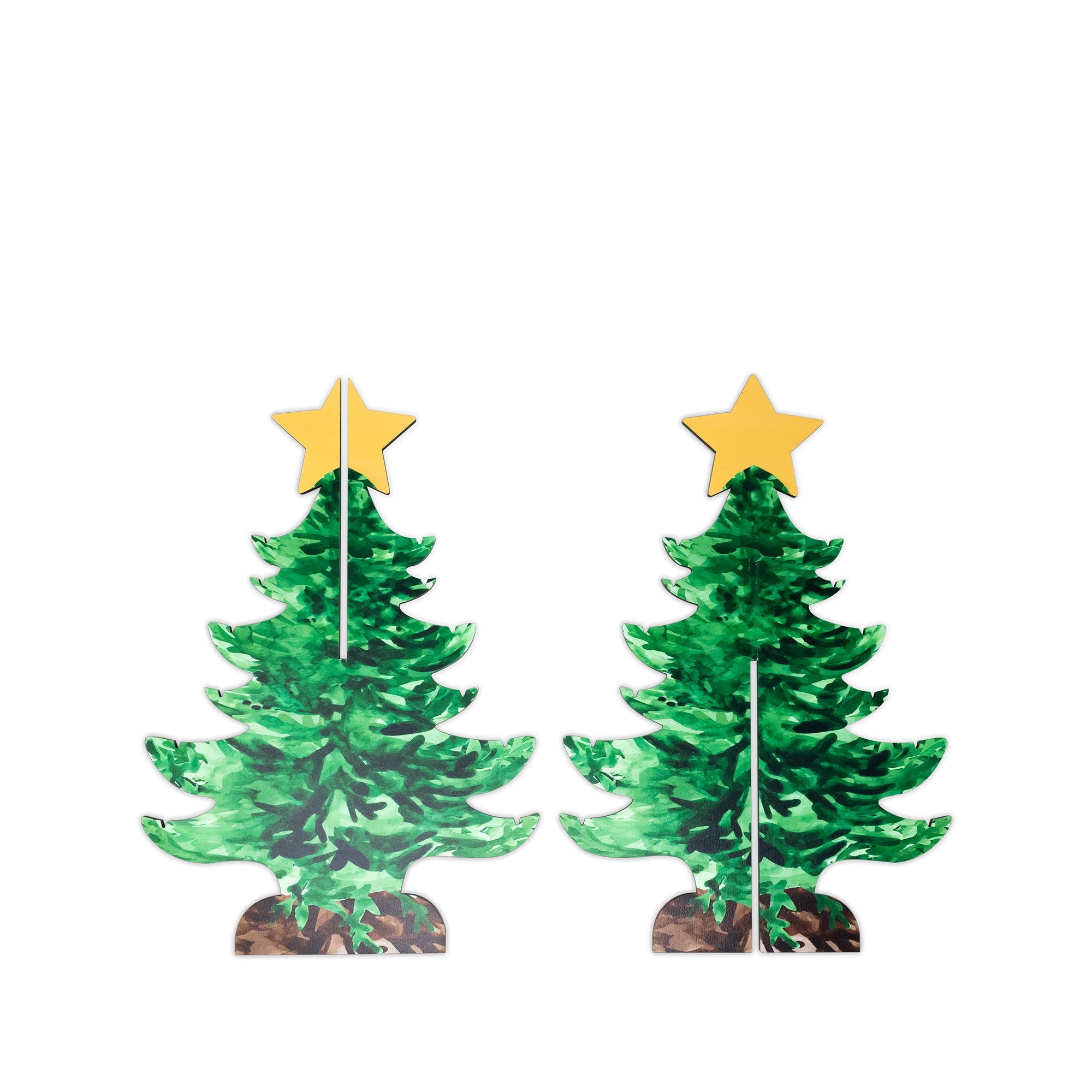 Two green Christmas tree pieces with gold star toppers, shown side by side on a plain white background.