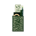 Green book-shaped product with decorative cover on a white background