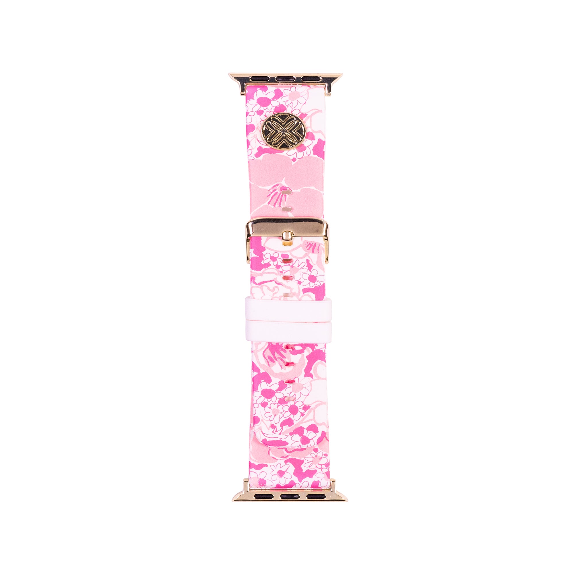 Pink floral patterned watch band with gold clasp on a white background