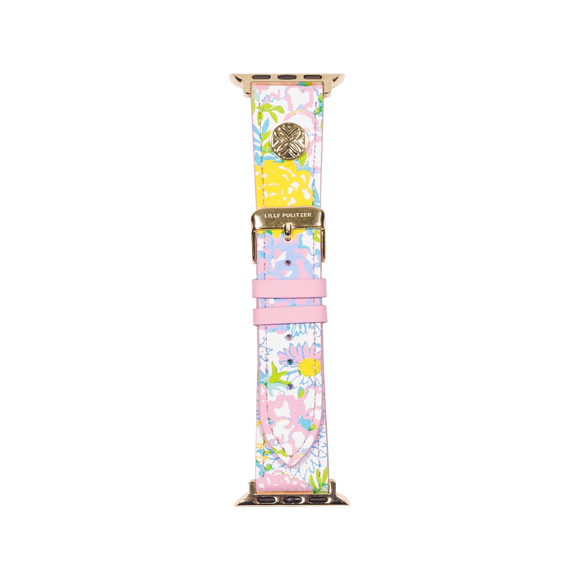 Floral patterned watch band with pink accents on a white background