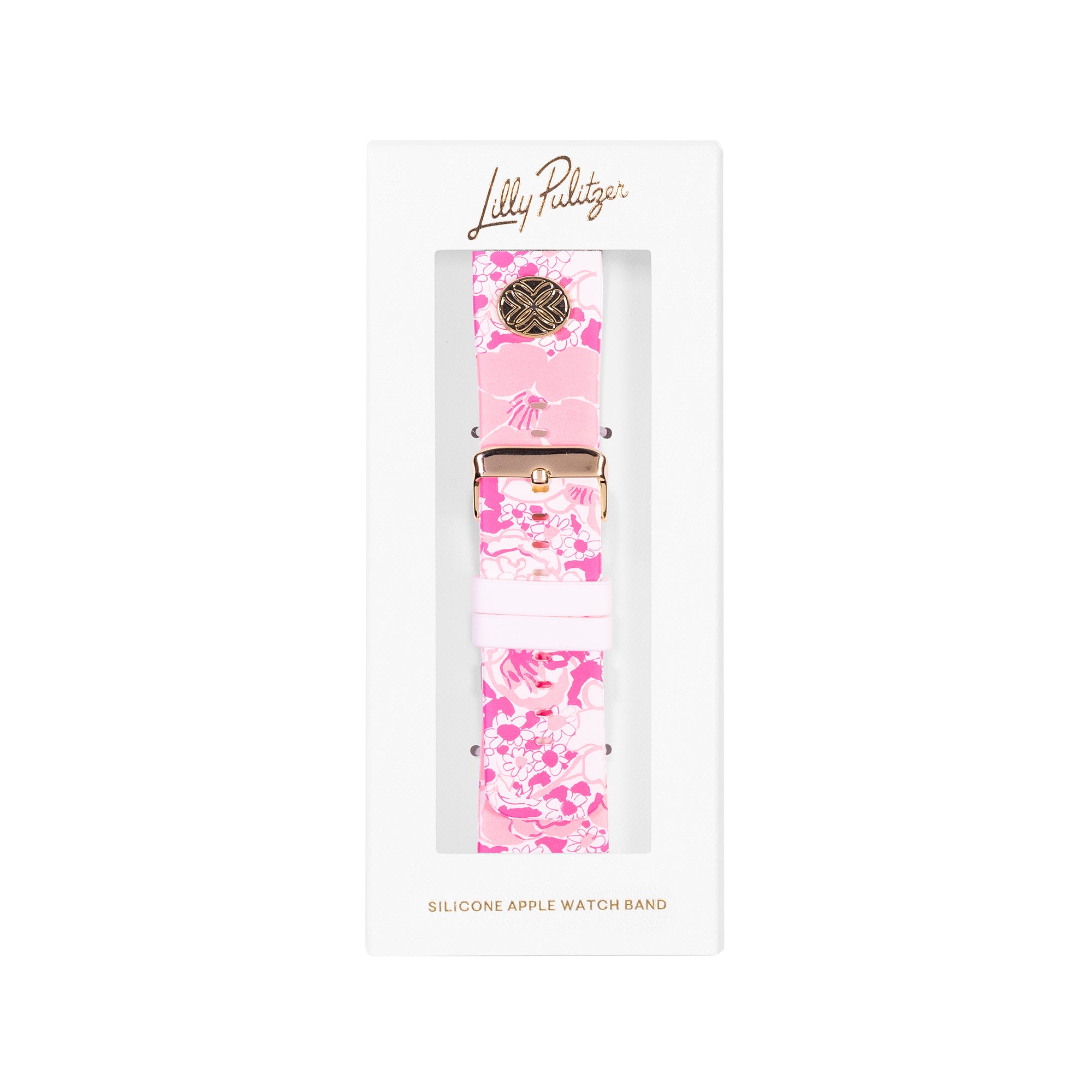 Pink floral silicone watch band packaging with Lilly Pulitzer logo