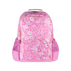 Pink floral patterned backpack on a white background