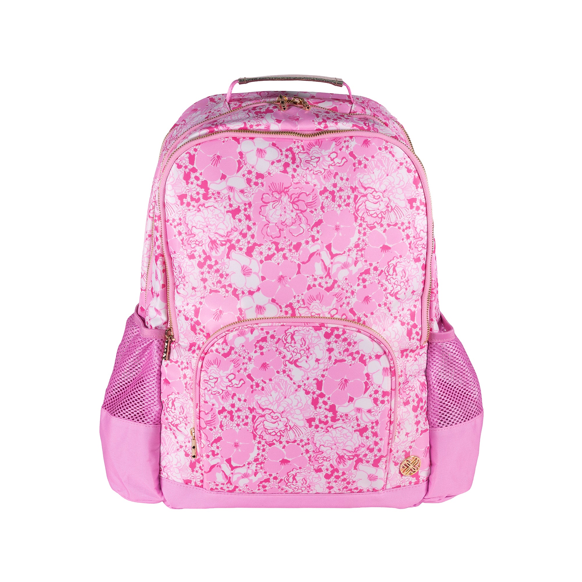 Pink floral patterned backpack on a white background