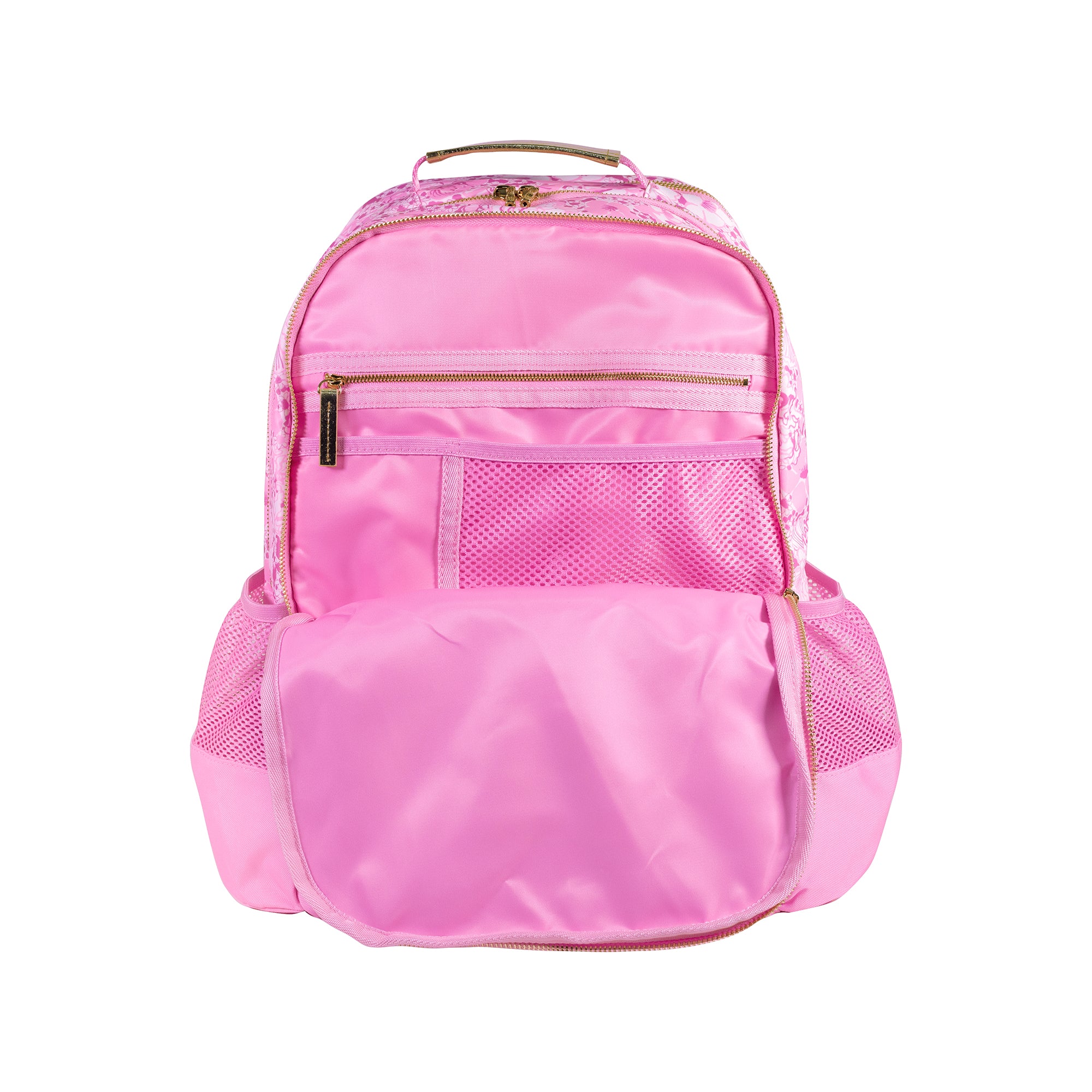 Pink backpack with gold zippers on a white background