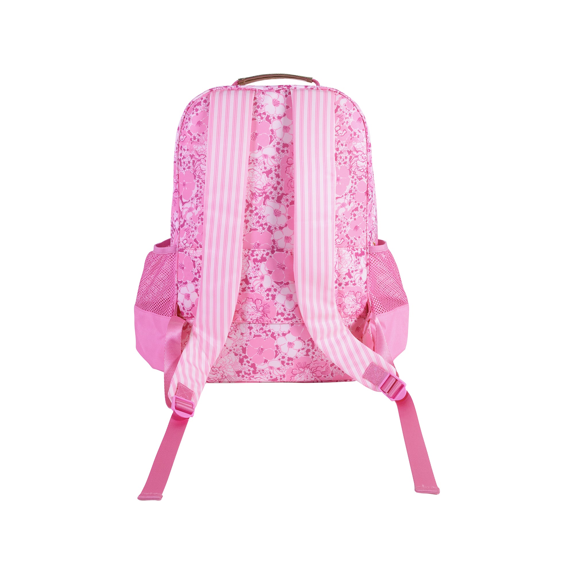 Pink floral backpack with ribbons on a white background
