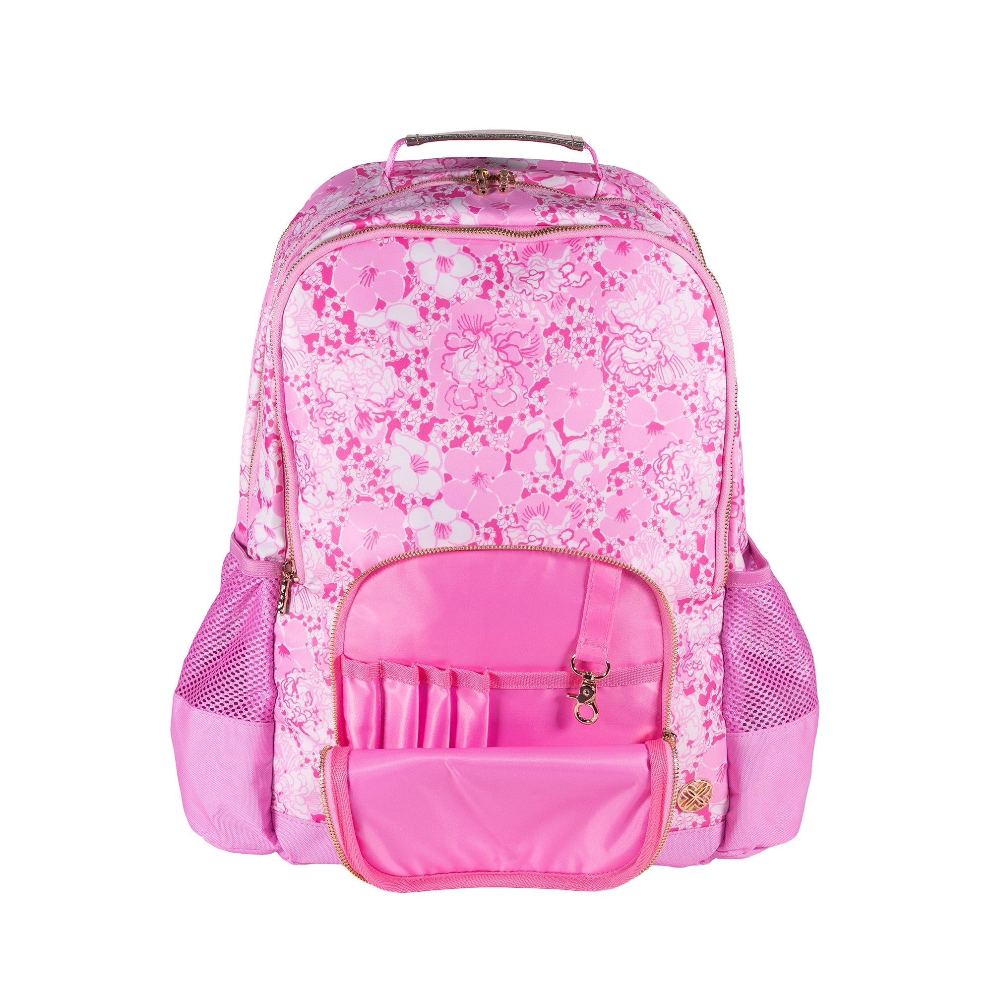 Pink floral-patterned backpack on a white background
