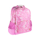 Pink floral patterned backpack on a white background