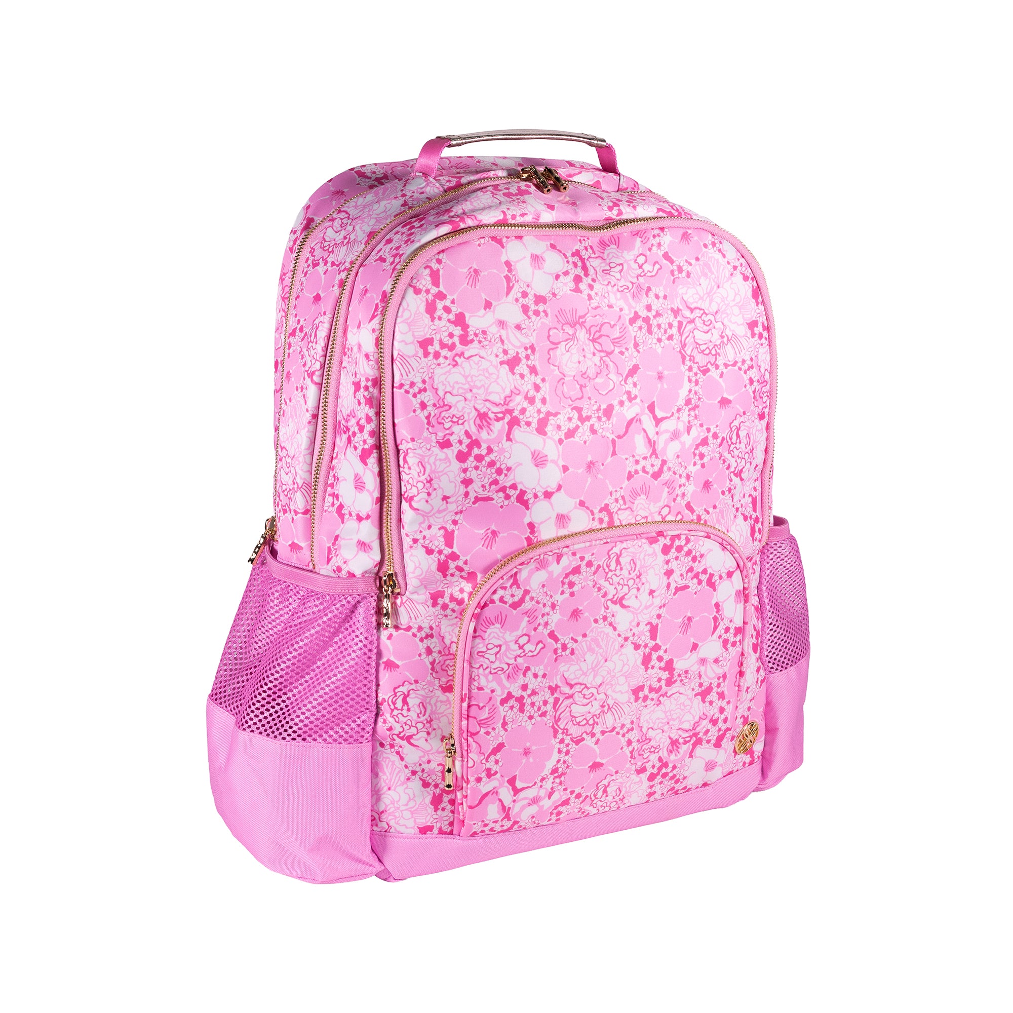 Pink floral patterned backpack on a white background