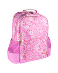 Pink floral patterned backpack on a white background