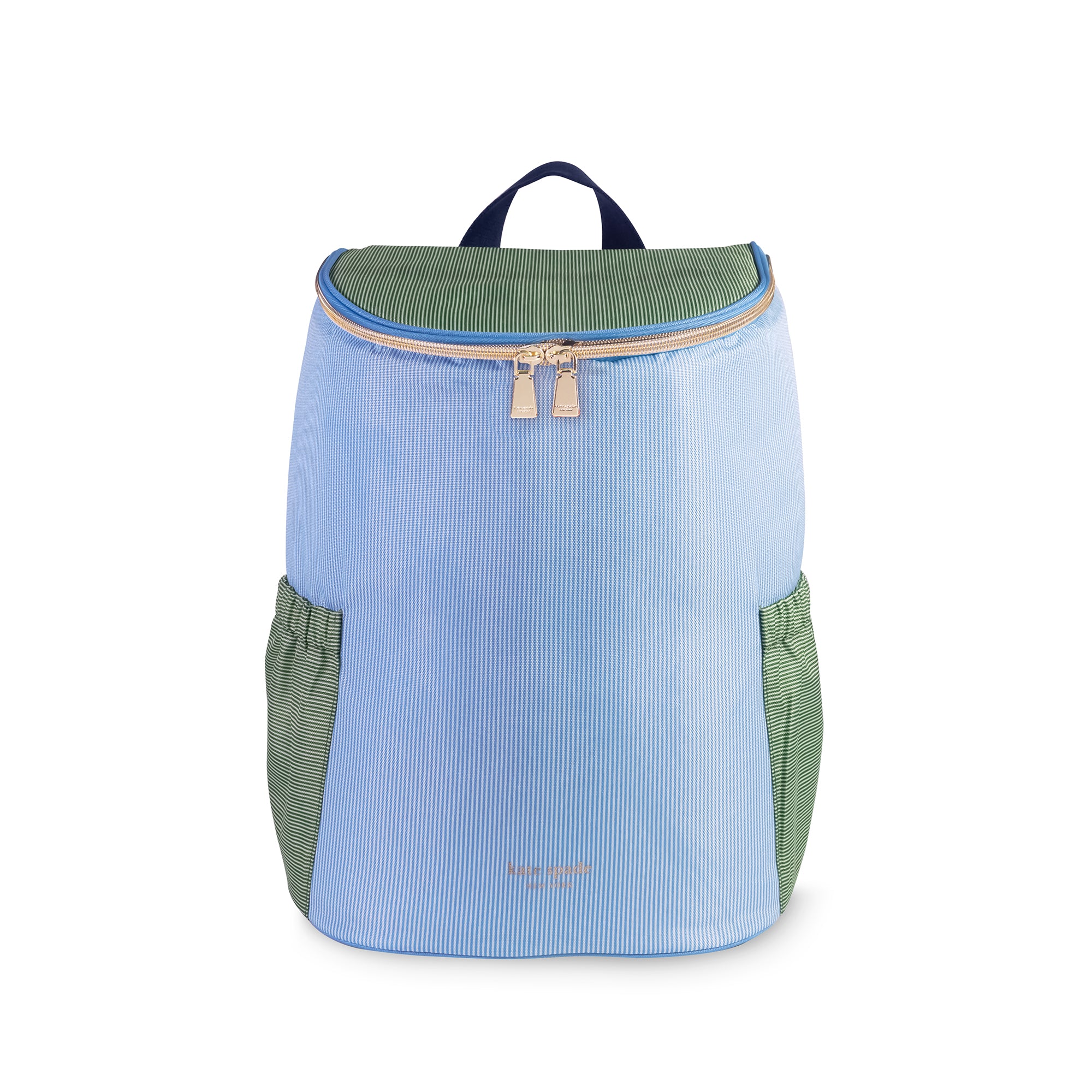 Light blue and green backpack on a white background