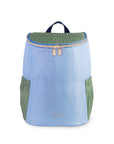 Light blue and green backpack on a white background