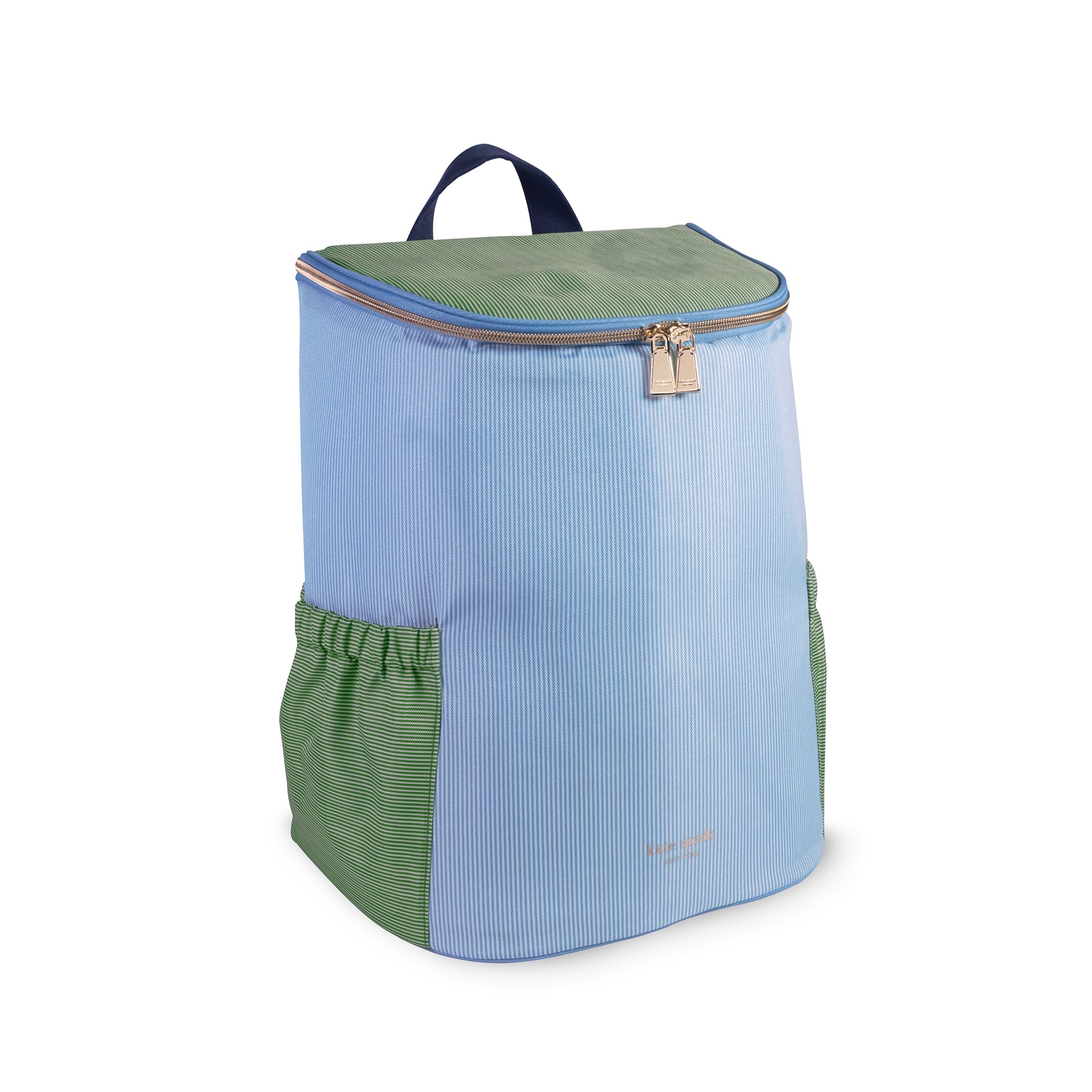 Light blue backpack with green accents on a white background