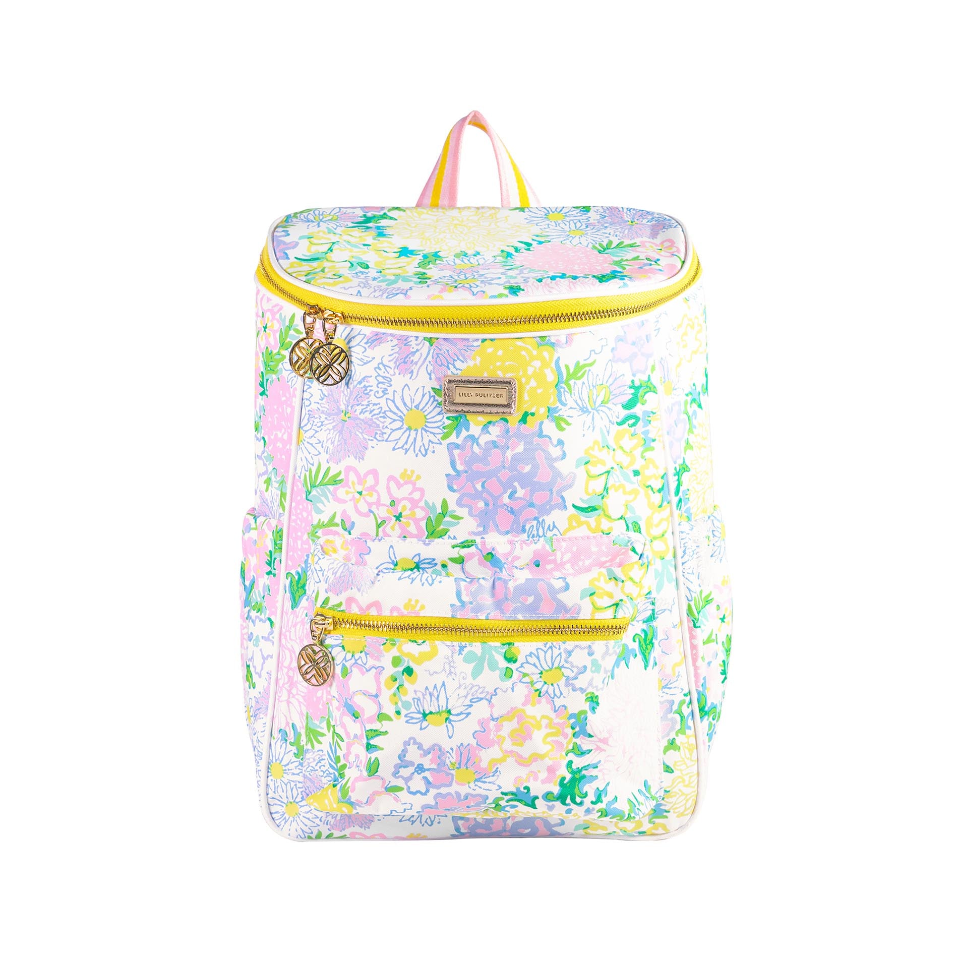 Floral-patterned backpack with yellow zippers on a white background