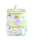 Floral-patterned backpack with yellow zippers on a white background