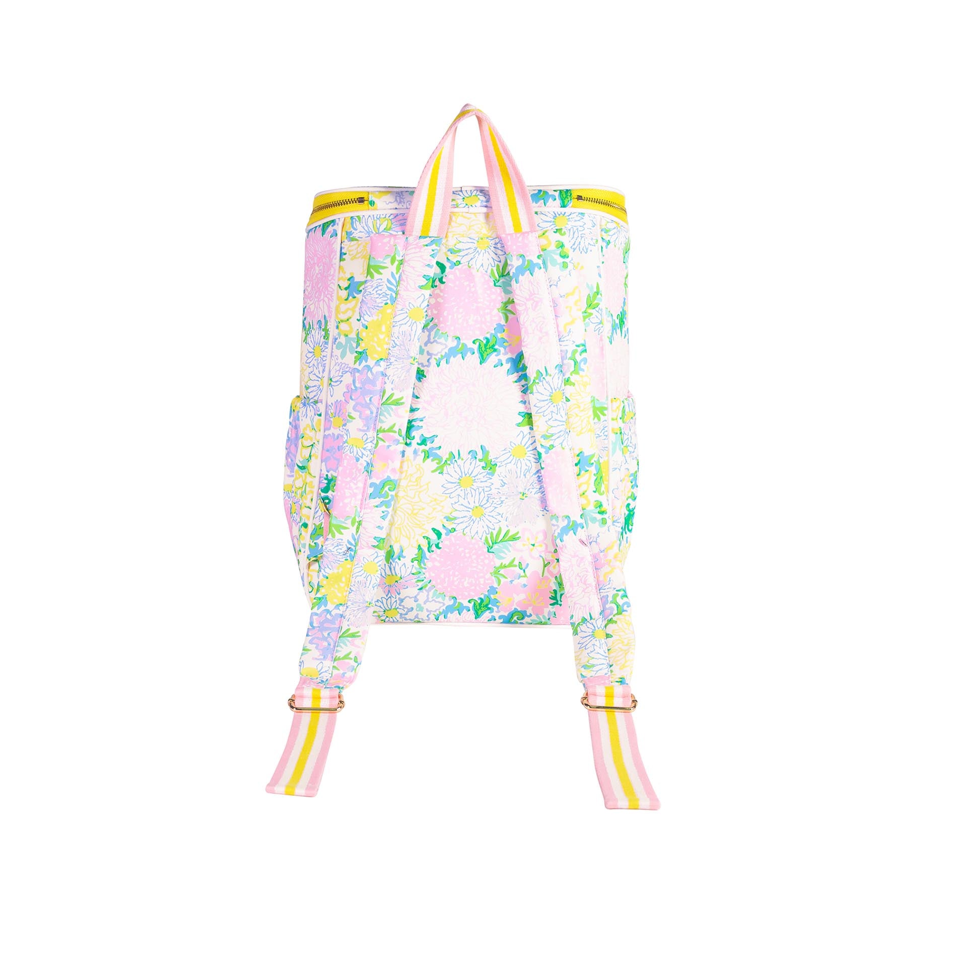 Floral-patterned backpack with colorful straps on a white background