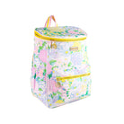 Floral-patterned cooler bag with yellow zippers on a white background