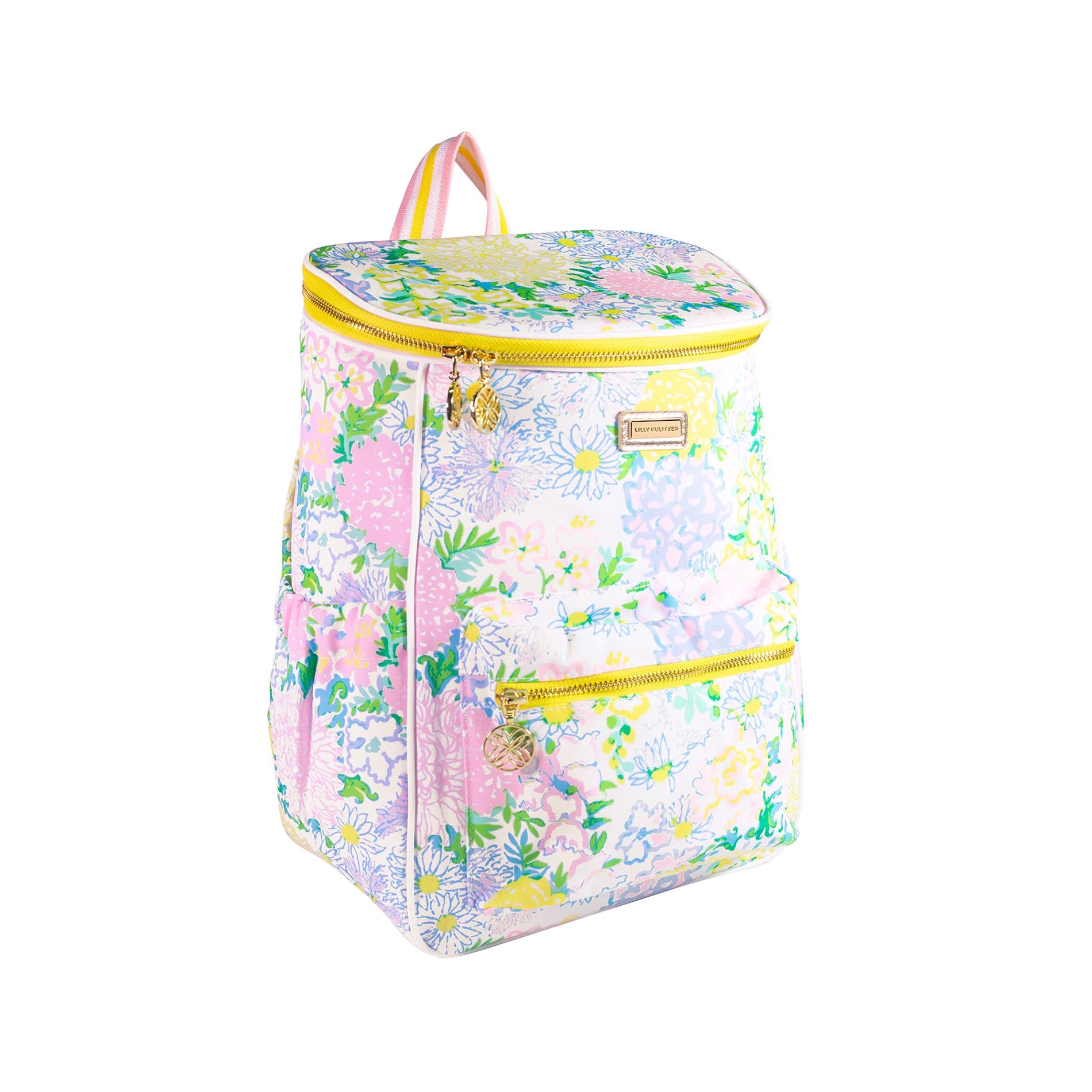 Floral-patterned cooler bag with yellow zippers on a white background