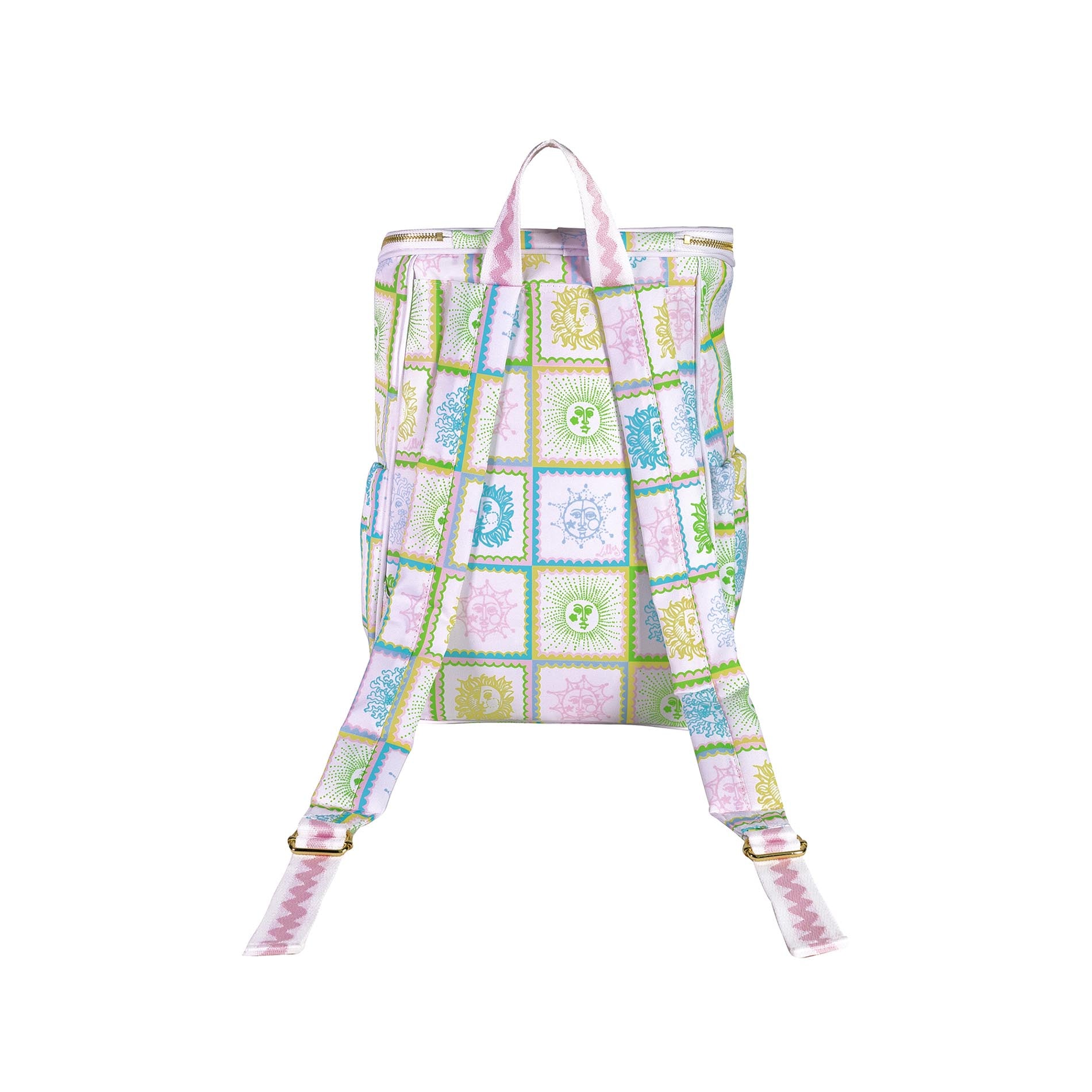 Colorful quilt-style apron with a pattern on a white background